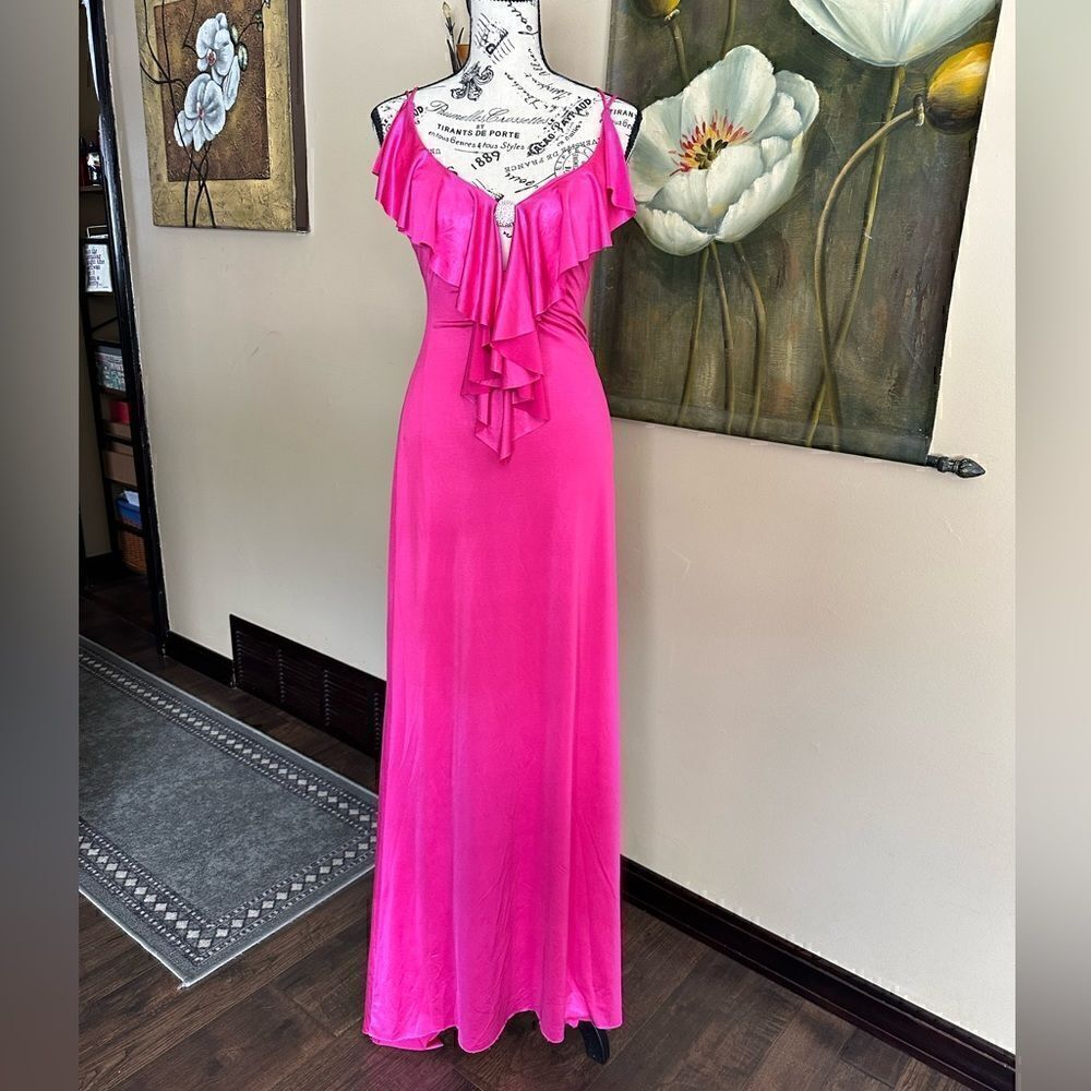 Cache pink Beautiful gown. Longer in back flutter top peek-a boo halter .size 2